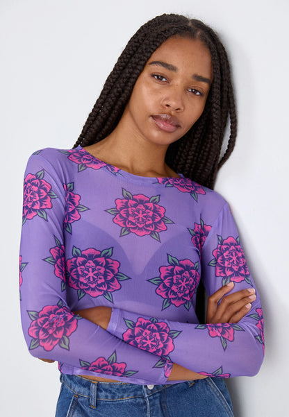 Santa Cruz Women's Strip  Digi Mesh Long Sleeve Top-Purple Flowers